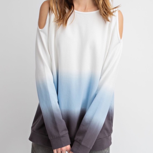 Terry Knit Blue Ombré Tie Dyed Cold Shoulder Top! - Picture 3 of 10